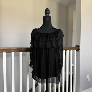 Le Marais 100% Silk Blouse Made In Italy Small Black Crochet Billowing Luxury